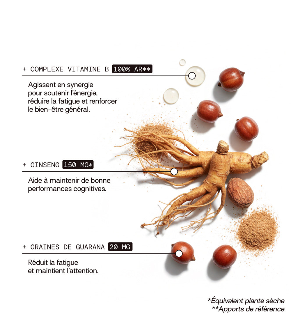 composition: complexe de vitamine b, ginseng et guarana