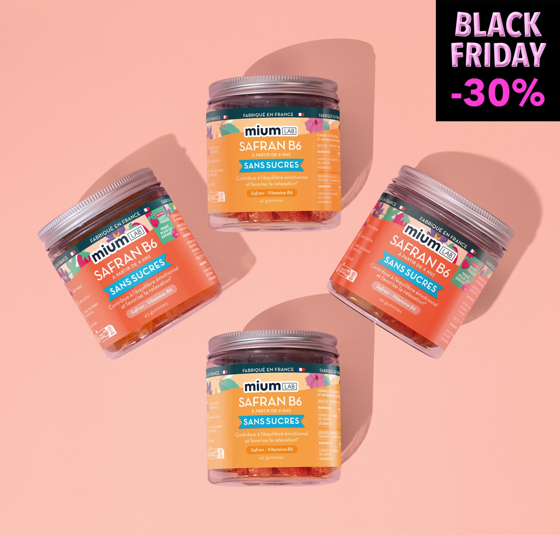 🏴 Pack Gummies Safran B6 PÊCHE & FRAISE | Améliore l&