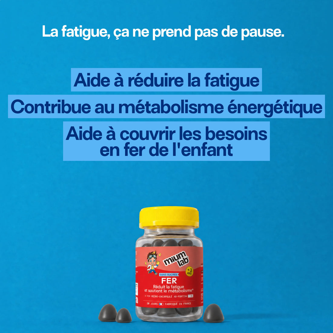 Gummies FER SANS SUCRES ENFANTS | Vitalité &amp; réduction de la fatigue | 30 jours 🧒