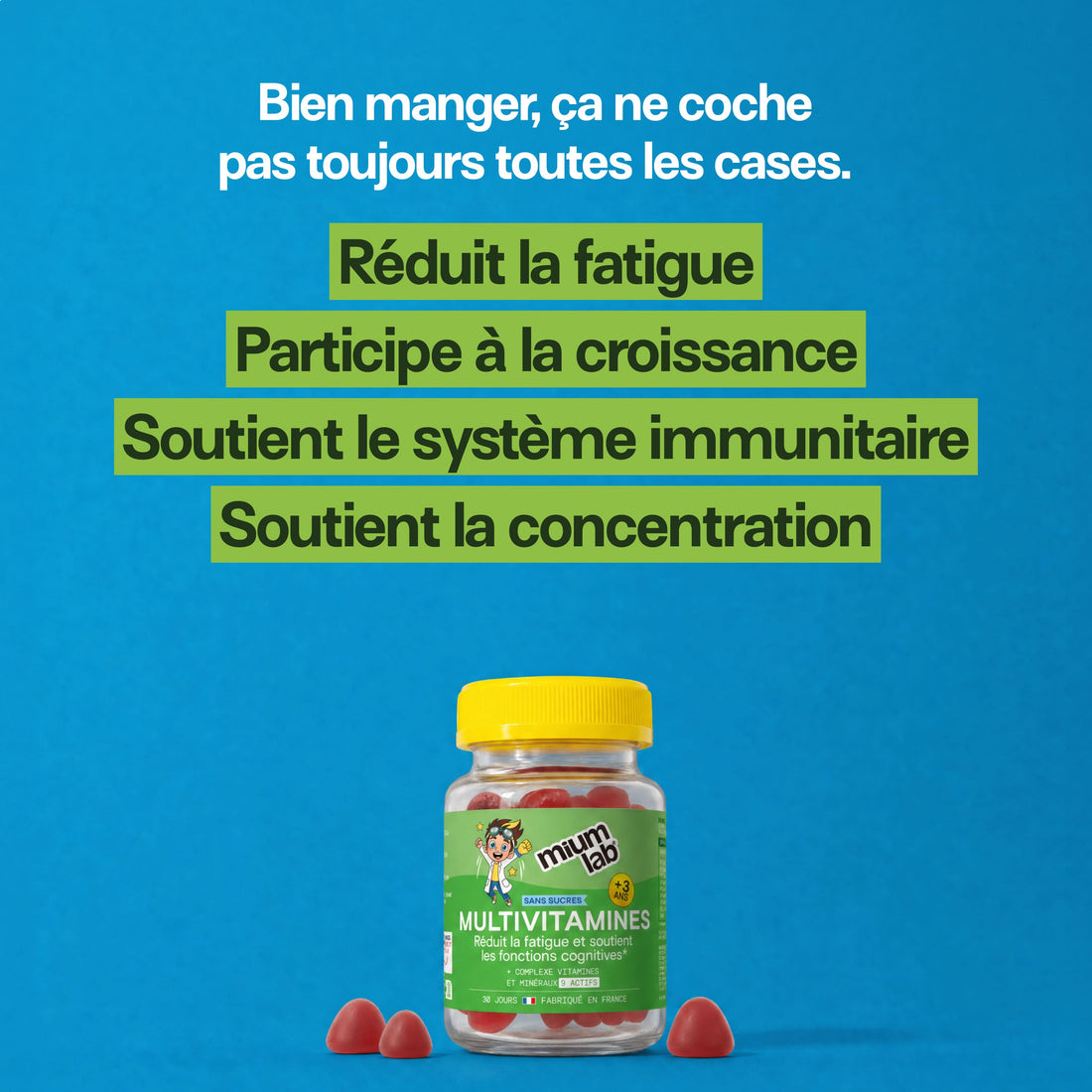 Gummies Multivitamines Enfants SANS SUCRES | Énergie stable &amp; 10 vitamines essentielles | 30 jours