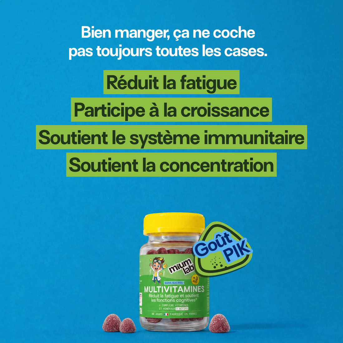 Gummies Multivitamines PIK Enfants SANS SUCRES | Énergie stable & 10 vitamines essentielles | 30 jours