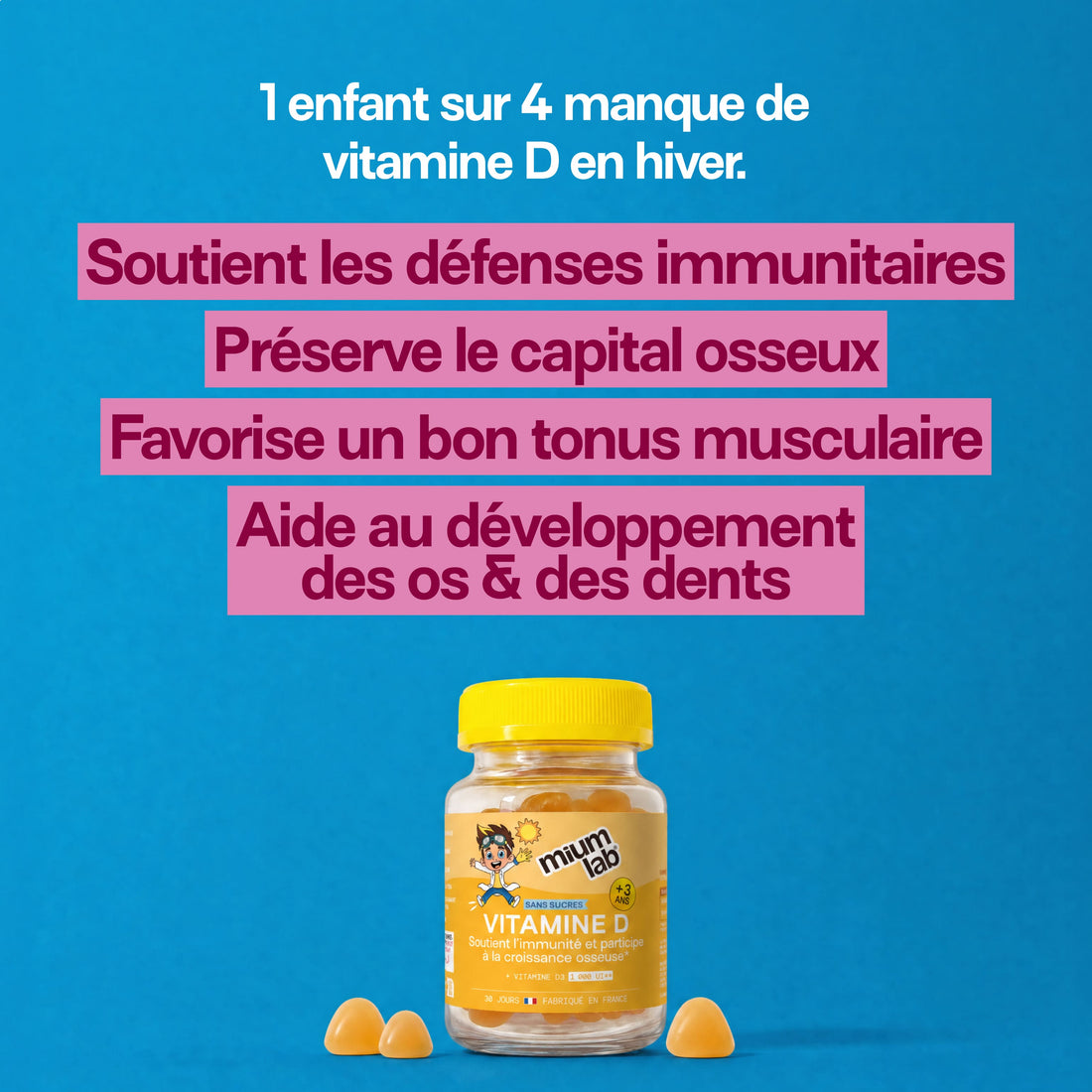 Gummies VITAMINE D SANS SUCRES ENFANTS | Immunité &amp; croissance osseuse | 30 jours 🧒