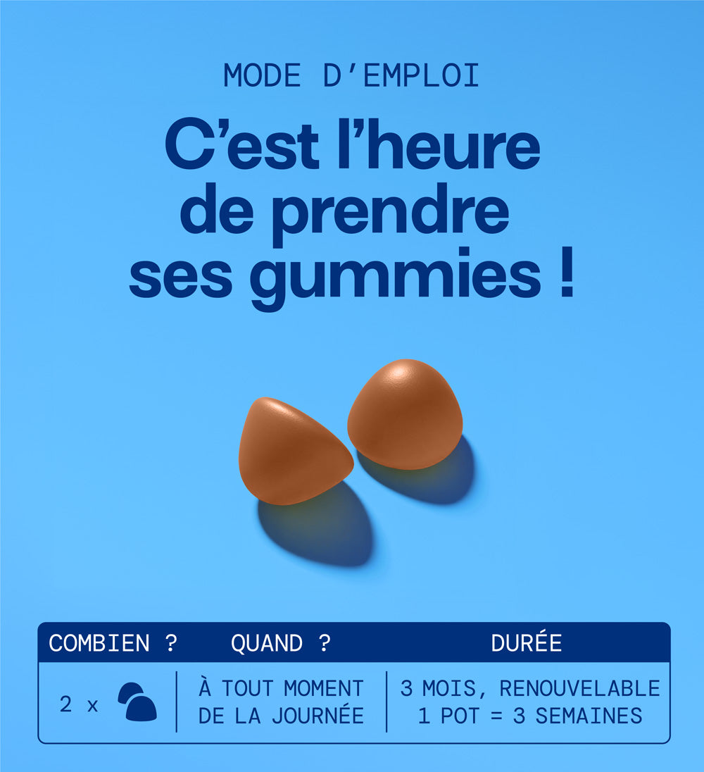 2 gummies par jour à tout moment de la journée. 1 pot = 3 semaines