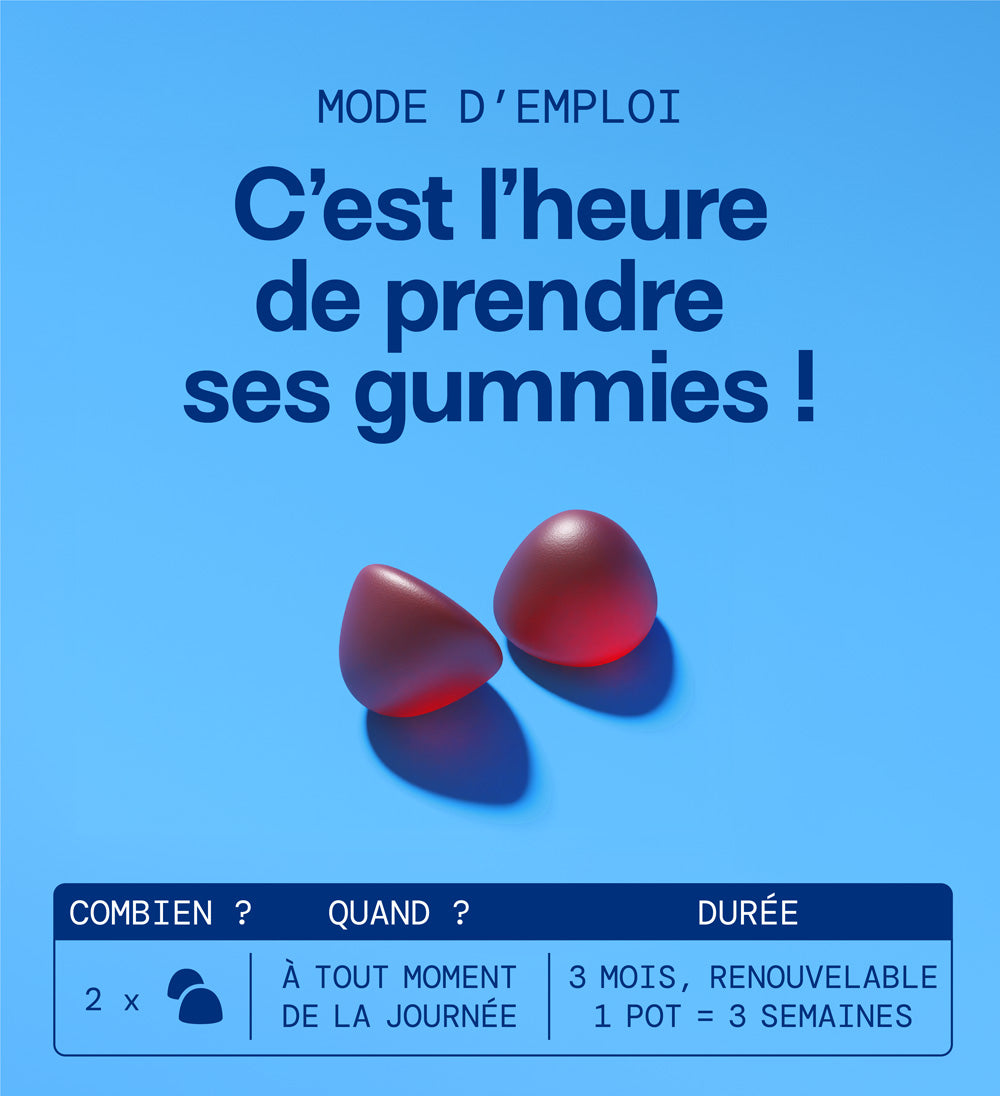 2 gummies par jour à tout moment de la journée. 1 pot = 3 semaines