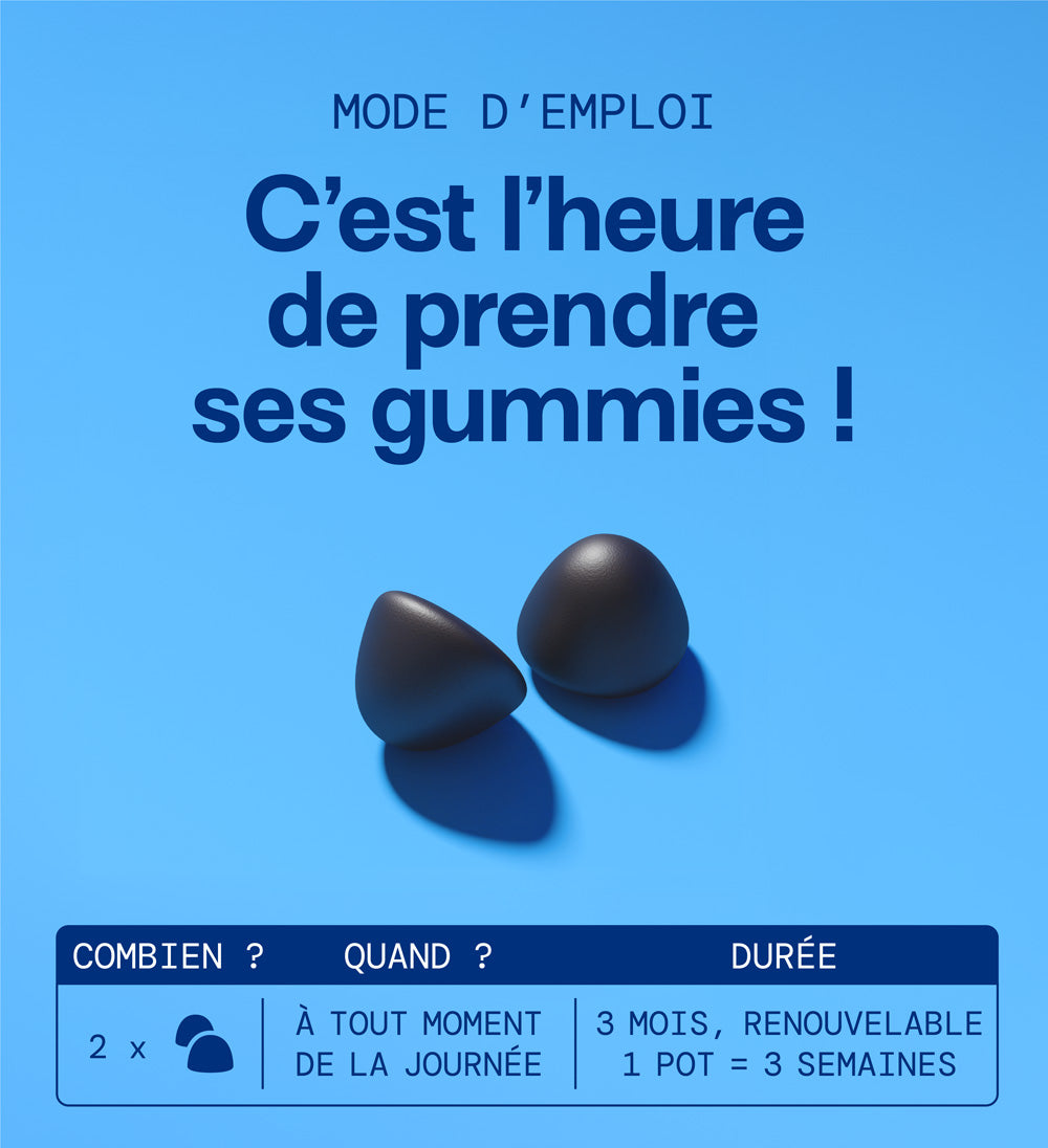 2 gummies par jour à tout moment de la journée. 1 pot = 3 semaines