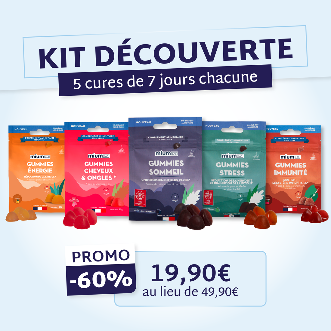 Kit Découverte : Sommeil, Stress, Cheveux &amp; Ongles, Énergie, Immunité | Mium Lab | 5 x 7 jours