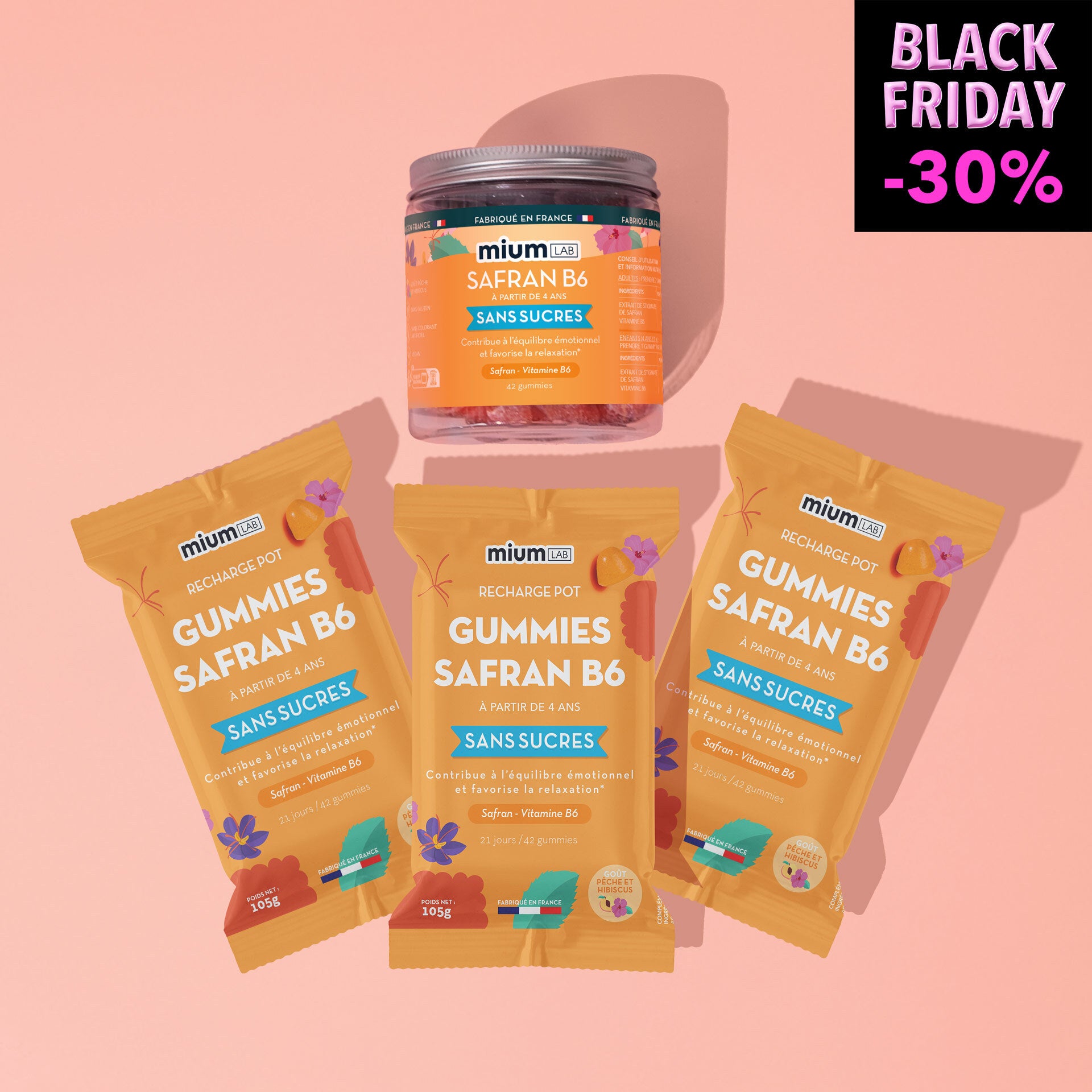 🏴 Pack Recharges Gummies Safran B6 PÊCHE | Améliore l&